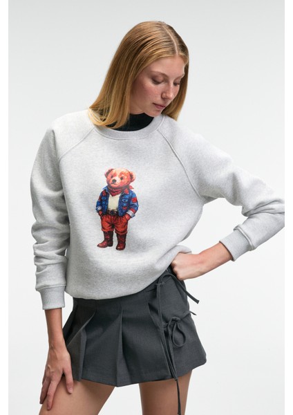 AELORIA Kadın Önü Baskılı Reglan Kol Regular Grimelanj Sweatshirt