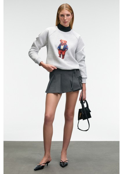 AELORIA Kadın Önü Baskılı Reglan Kol Regular Grimelanj Sweatshirt fiyatları