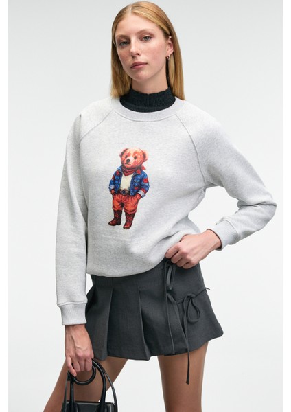 AELORIA Kadın Önü Baskılı Reglan Kol Regular Grimelanj Sweatshirt fırsatları