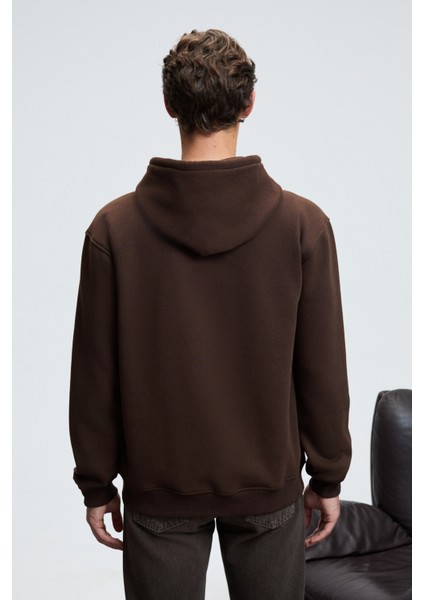JUSTUS Erkek Kapüşonlu Kanguru Cepli Fermuar Yakalı Kahverengi Sweatshirt