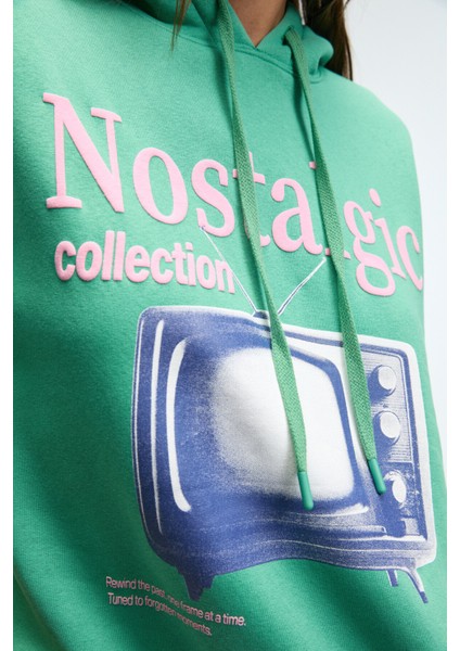 SLOPANE Kadın Rahat Kesim Kapüşonlu Baskılı Yeşil Sweatshirt modelleri