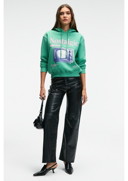 SLOPANE Kadın Rahat Kesim Kapüşonlu Baskılı Yeşil Sweatshirt fırsatları