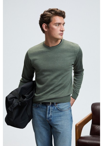 VAREX Erkek Yuvarlak Yaka Basic Slim Fit Triko Haki Kazak