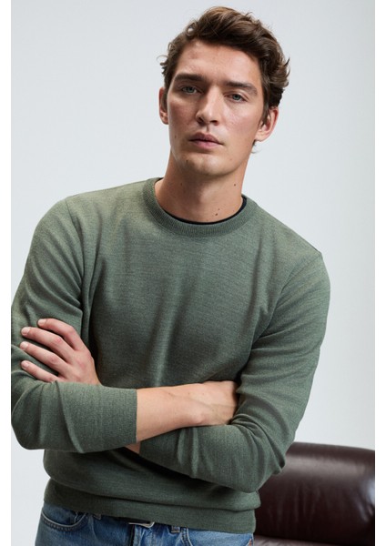 VAREX Erkek Yuvarlak Yaka Basic Slim Fit Triko Haki Kazak indirimleri