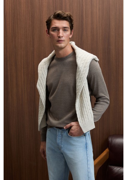 VAREX Erkek Yuvarlak Yaka Basic Slim Fit Triko Vizon Kazak fiyatları