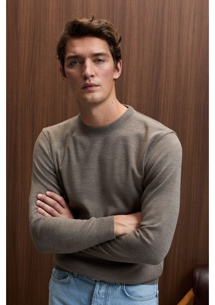 VAREX Erkek Yuvarlak Yaka Basic Slim Fit Triko Vizon Kazak indirimleri