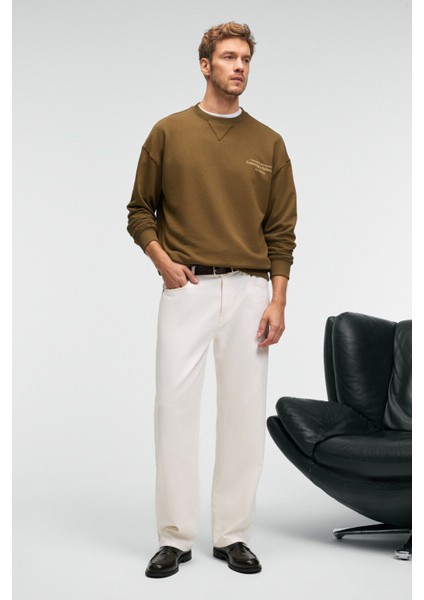 CASPIAN Erkek %100 Pamuk Bisiklet Yaka Karyoka Dikişli Baskılı Haki Sweatshirt indirimleri