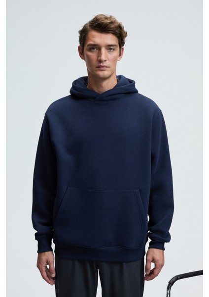 AMOS Erkek Yumuşak Kumaşlı 3 İplik Oversize Kapüşonlu Kanguru Cepli Lacivert Sweatshirt fırsatları