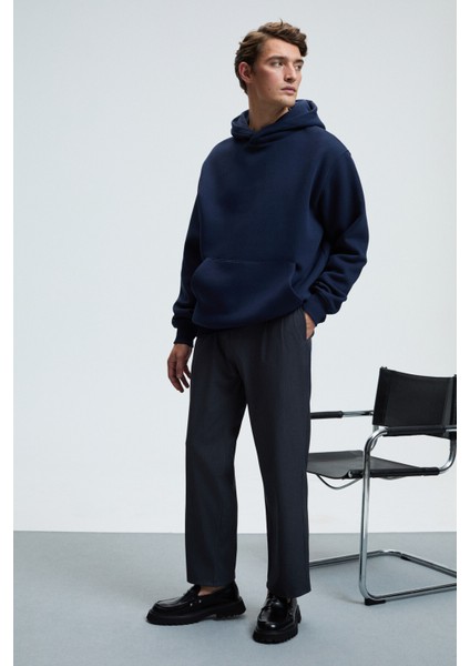 AMOS Erkek Yumuşak Kumaşlı 3 İplik Oversize Kapüşonlu Kanguru Cepli Lacivert Sweatshirt indirimleri