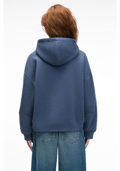 EVANTIA Kadın Baskılı Oversize Kapüşonlu Nakış Detaylı Kanguru Cep Lacivert Sweatshirt