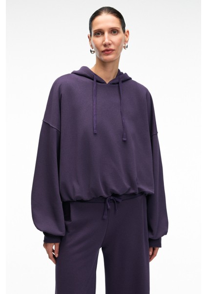 OLVERA Kadın Kapüşonlu Etek Ucu Balon Oversize Mor Sweatshirt