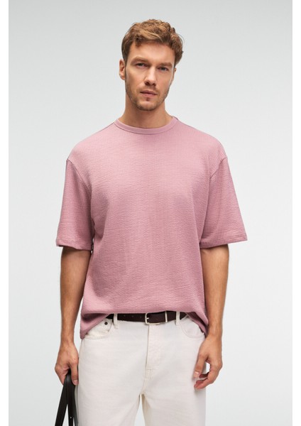 VINTAGE Erkek Kısa Kollu Yuvarlak Yaka Dokulu Gofre Kumaş Regular Fit Pembe T-Shirt