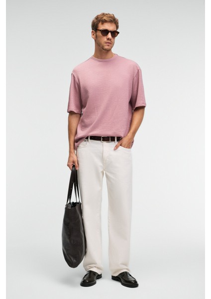 VINTAGE Erkek Kısa Kollu Yuvarlak Yaka Dokulu Gofre Kumaş Regular Fit Pembe T-Shirt modelleri