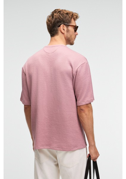 VINTAGE Erkek Kısa Kollu Yuvarlak Yaka Dokulu Gofre Kumaş Regular Fit Pembe T-Shirt