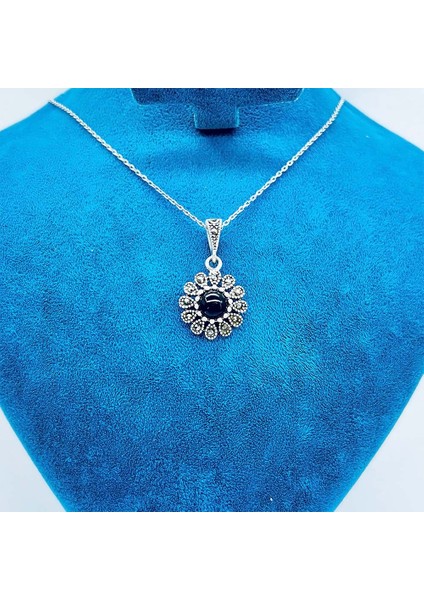 Güneş Model Margazit ve Oltu Taşı İşçilikli 925 Ayar Gümüş Kolye