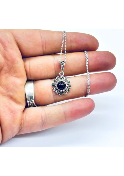 Güneş Model Margazit ve Oltu Taşı İşçilikli 925 Ayar Gümüş Kolye fırsatları
