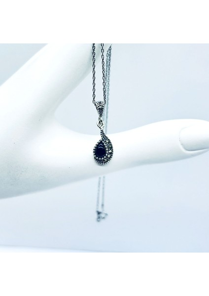 Damla Model Margazit ve Oltu Taşı Tasarım 925 Ayar Gümüş Kolye modelleri