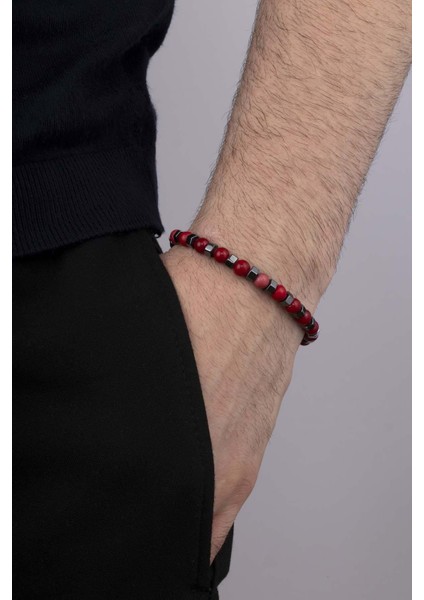 Hematit Geçişli Kırmızı Ceyt Taşı Doğal Taş Erkek Bileklik