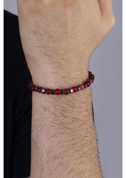 Hematit Geçişli Kırmızı Ceyt Taşı Doğal Taş Erkek Bileklik modelleri