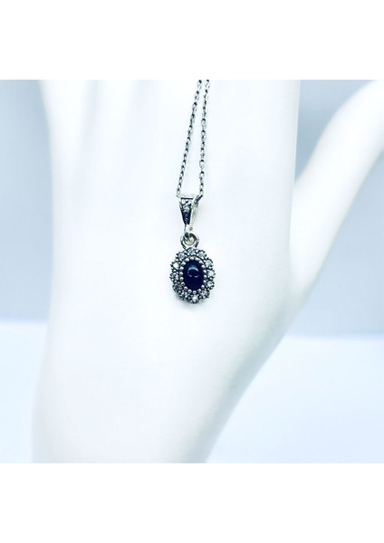 Oval Mini Boy Zirkon ve Oltu Taşı İşçilikli 925 Ayar Gümüş Kolye fiyatları
