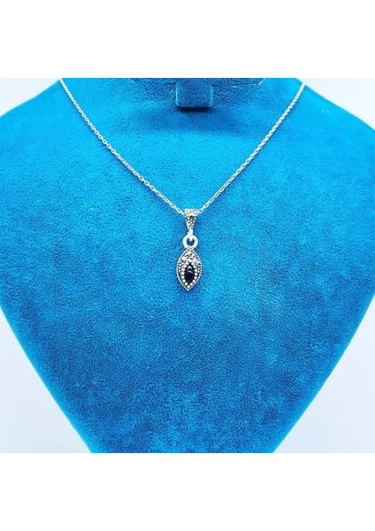 Çift Mekik Model Margazit ve Oltu Taşı İşçilikli 925 Ayar Gümüş Kolye