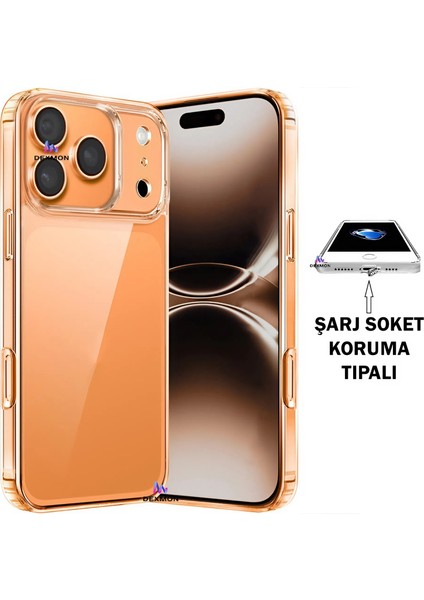 iPhone 17 Pro Uyumlu Şarj Soketi Koruma Tıpalı - Kamera Korumalı Şeffaf Silikon Kılıf