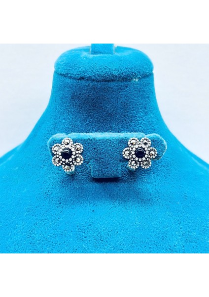 Papatya Margazit ve Oltu Taşı Işçilikli 925 Ayar Gümüş Küpe