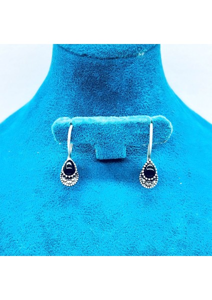 Damla Model Margazit ve Oltu Taşı Tasarım 925 Ayar Gümüş Küpe