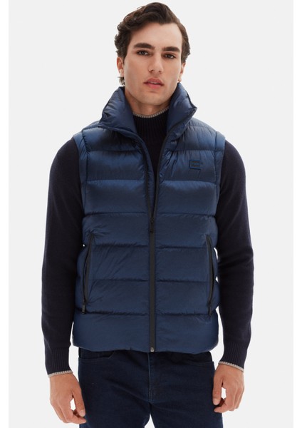 Slim Fit Saks Mavi Düz Yelek Mont modelleri