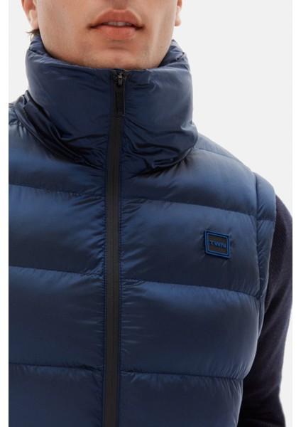 Slim Fit Saks Mavi Düz Yelek Mont