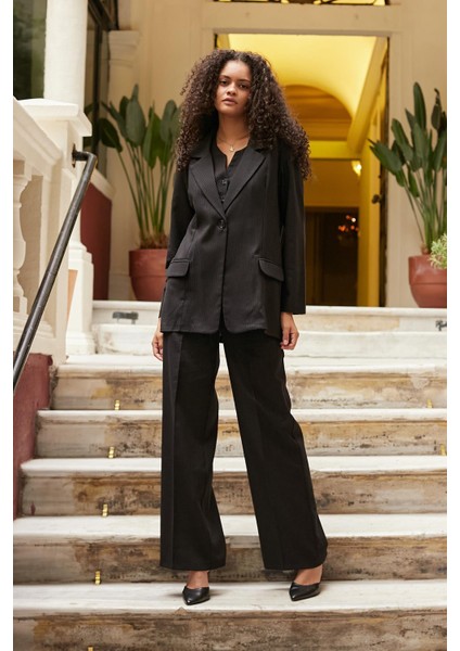 Kadın Yüksek Bel Yan Cepli Bol Paça Palazzo Hafif Esnek Kumaş Pantolon-Siyah Çizgi