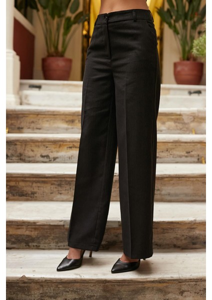 Kadın Yüksek Bel Yan Cepli Bol Paça Palazzo Hafif Esnek Kumaş Pantolon-Siyah Çizgi modelleri