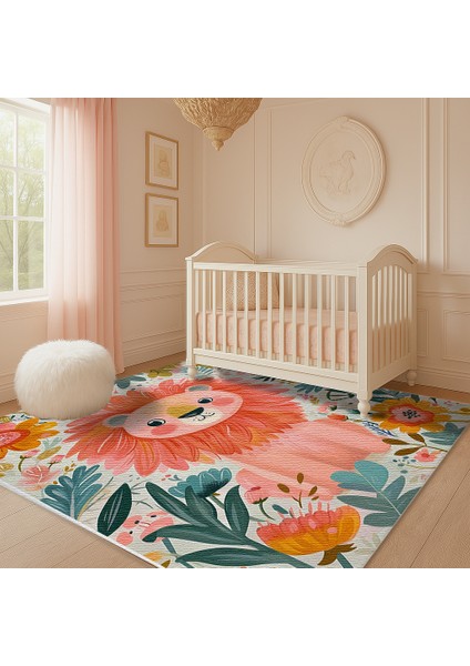 Çok Renkli Aslan Figürlü Çocuk Odası Halısı, Kaymaz Tabanlı, Eğlenceli ve Dekoratif