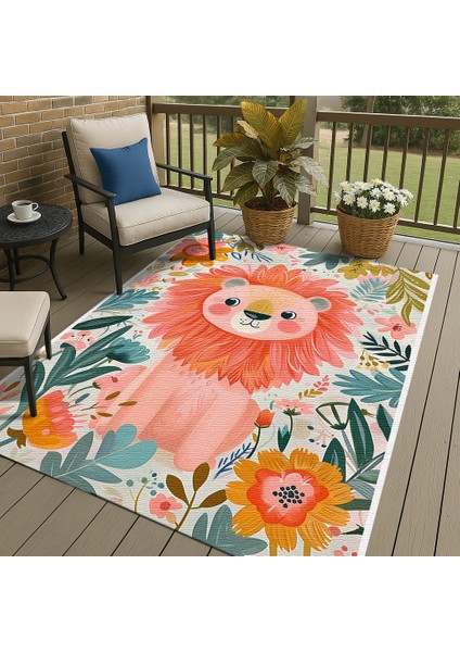 Çok Renkli Aslan Figürlü Çocuk Odası Halısı, Kaymaz Tabanlı, Eğlenceli ve Dekoratif fiyatları