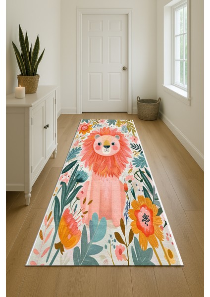 Çok Renkli Aslan Figürlü Çocuk Odası Halısı, Kaymaz Tabanlı, Eğlenceli ve Dekoratif