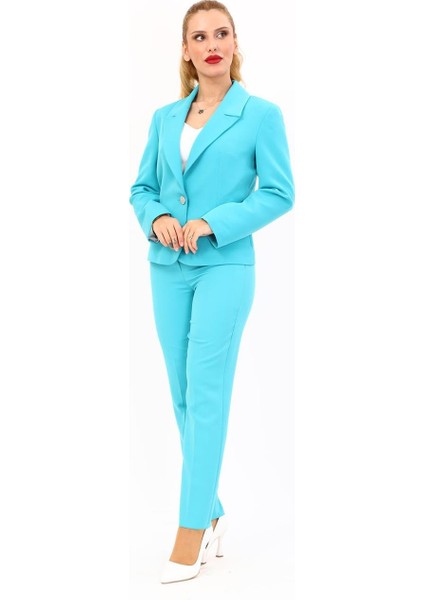 Erkek Yaka Tek Düğmeli Klasik Ceket & Dar Paça Pantolon-Turkuaz
