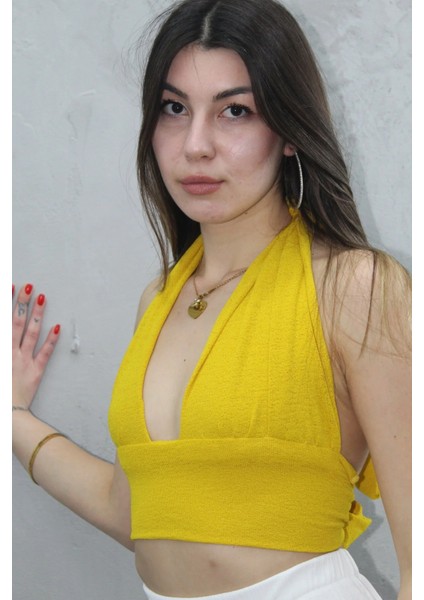 Kadın Yazlık Boyun Bağlamalı Askılı Değişken Yaka Crop Kahverengi Bluz Büstiyer