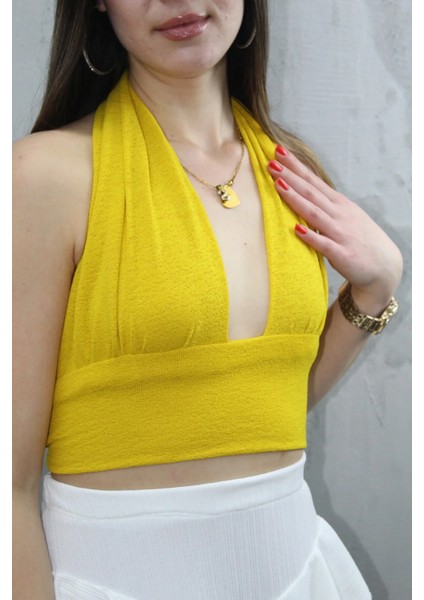 Kadın Yazlık Boyun Bağlamalı Askılı Değişken Yaka Crop Kahverengi Bluz Büstiyer fiyatları