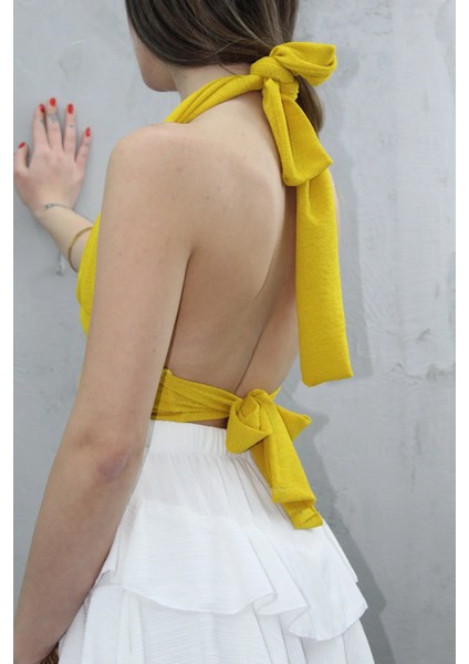 Kadın Yazlık Boyun Bağlamalı Askılı Değişken Yaka Crop Kahverengi Bluz Büstiyer fırsatları