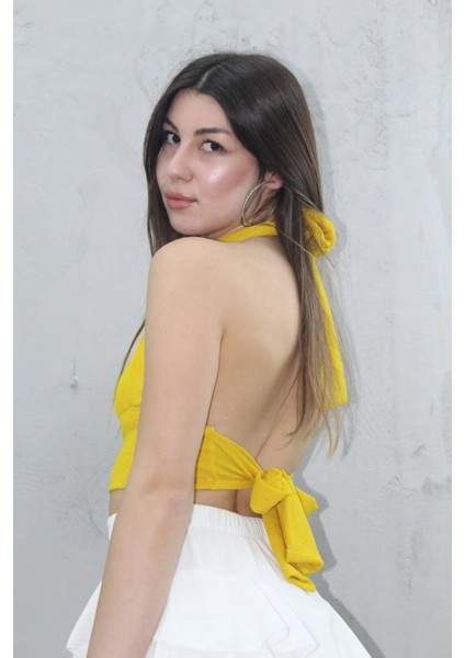 Kadın Yazlık Boyun Bağlamalı Askılı Değişken Yaka Crop Kahverengi Bluz Büstiyer indirimleri