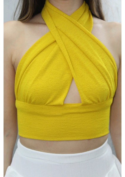 Kadın Yazlık Boyun Bağlamalı Askılı Değişken Yaka Crop Kahverengi Bluz Büstiyer