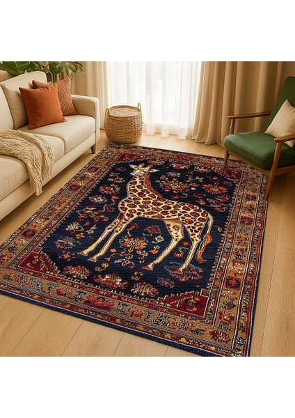 Kaymaz Tabanlı Zürafa Motifli Kırmızı-Lacivert Salon Halısı, Makinede Yıkanabilir Kilim