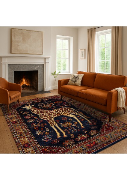 Kaymaz Tabanlı Zürafa Motifli Kırmızı-Lacivert Salon Halısı, Makinede Yıkanabilir Kilim fiyatları