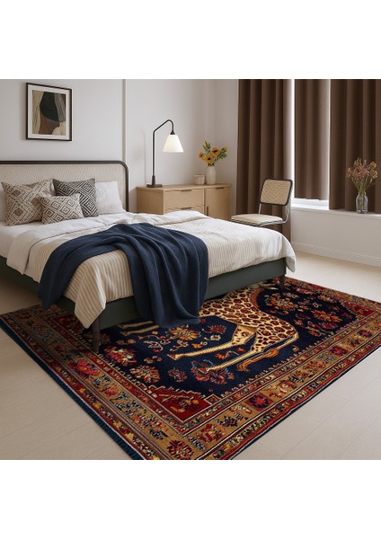 Kaymaz Tabanlı Zürafa Motifli Kırmızı-Lacivert Salon Halısı, Makinede Yıkanabilir Kilim modelleri