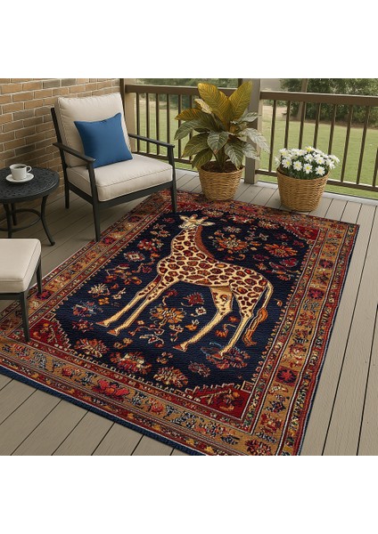 Kaymaz Tabanlı Zürafa Motifli Kırmızı-Lacivert Salon Halısı, Makinede Yıkanabilir Kilim indirimleri