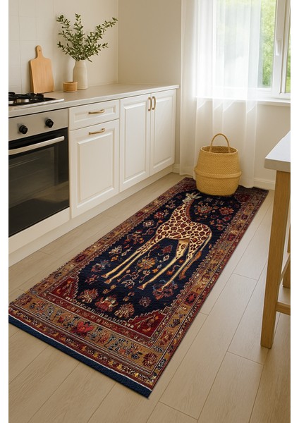 Kaymaz Tabanlı Zürafa Motifli Kırmızı-Lacivert Salon Halısı, Makinede Yıkanabilir Kilim