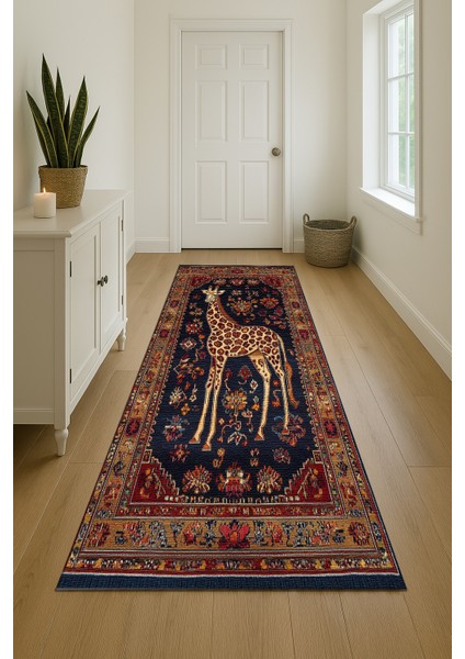 Kaymaz Tabanlı Zürafa Motifli Kırmızı-Lacivert Salon Halısı, Makinede Yıkanabilir Kilim