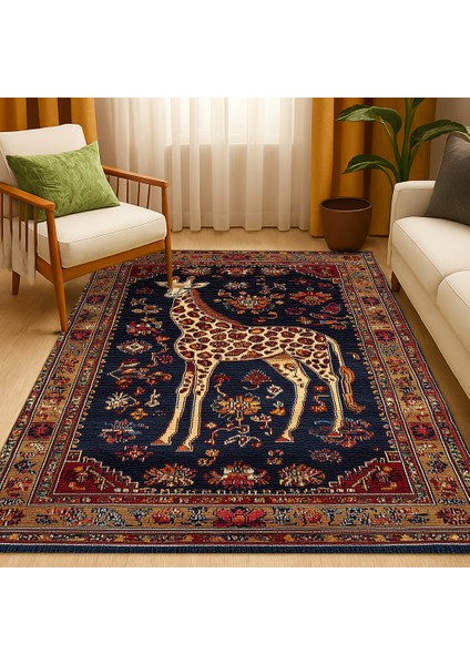 Kaymaz Tabanlı Zürafa Motifli Kırmızı-Lacivert Salon Halısı, Makinede Yıkanabilir Kilim