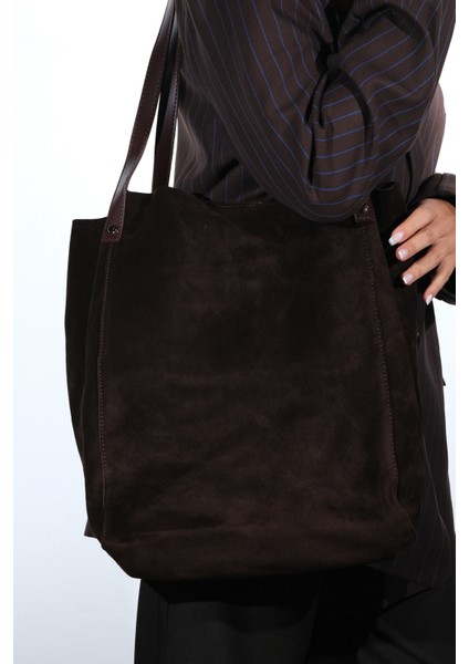 Alfred Kahverengi Hakiki Deri Süet Kadın Omuz Çantası