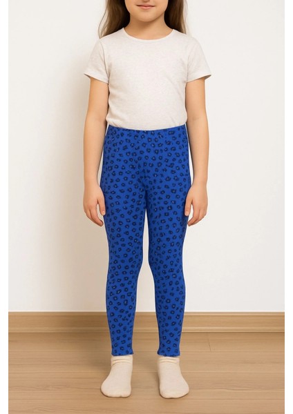 Kız Çocuk Çiçek Desenli Esnek Günlük Koyu Mavi Tayt